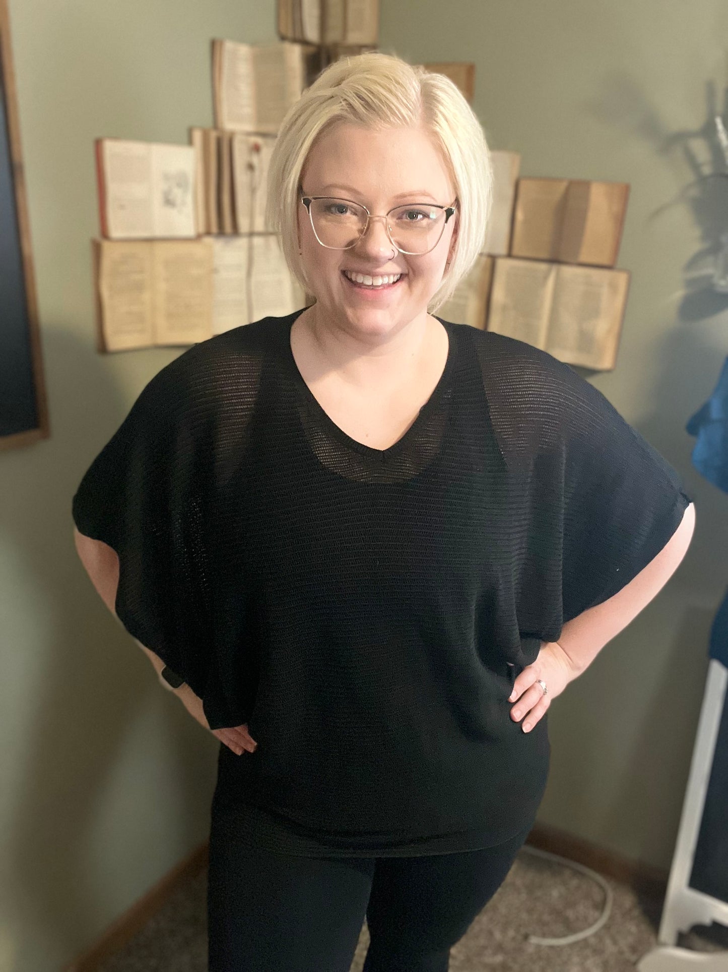 Solid V Neck Knit Loose Fit Bat Sleeves Top