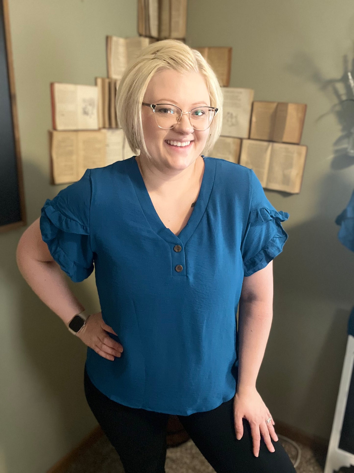 Solid Button V Neck Ruffle Sleeves Loose Fit Blouse