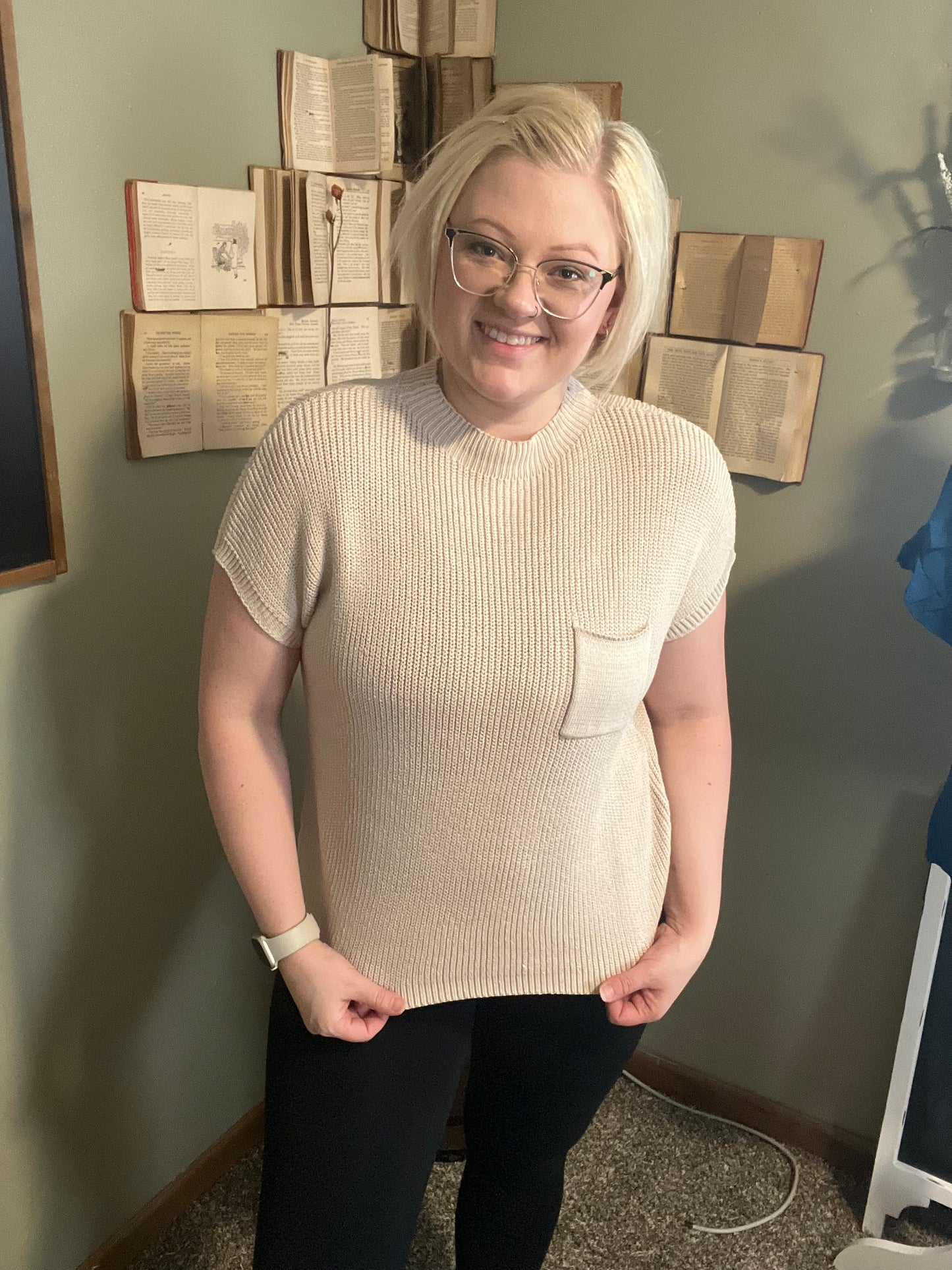 Solid Drop Shoulder Beige Pocket Knit Fit Sweater
