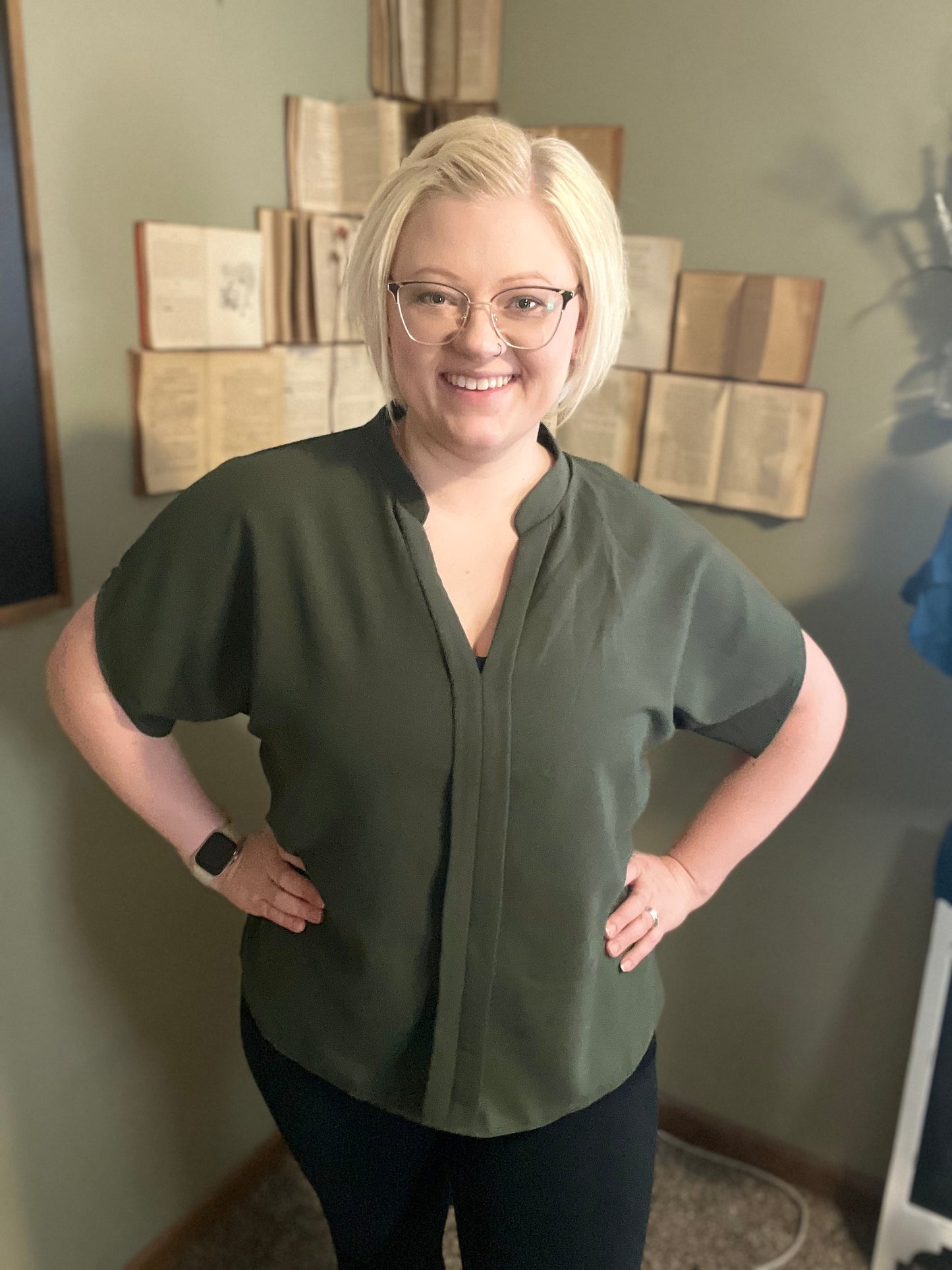 V Neck Solid Loose Fit Half Sleeve Blouse