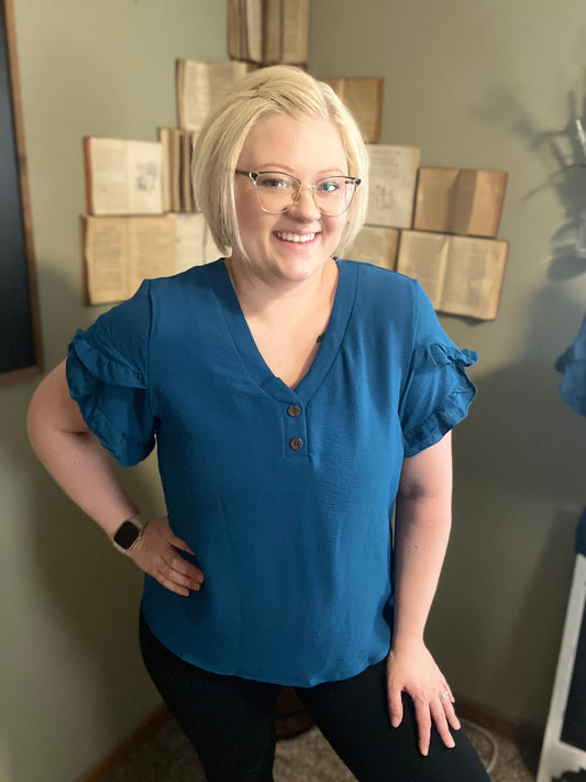 Solid Button V Neck Ruffle Sleeves Loose Fit Blouse