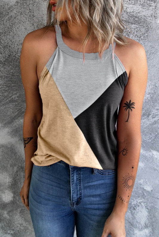 Light French Beige Geometric Color Block Tank Top