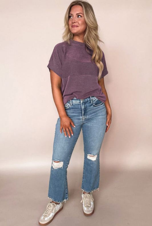 Plain Corded knit Mock Neck T-Shirt